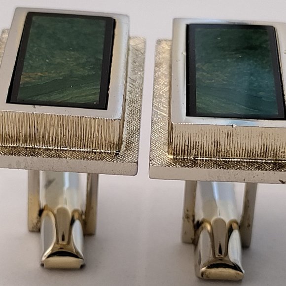 Solid Sterling Silver Green Marble Onyx Inlay Cufflinks - Picture 4 of 7